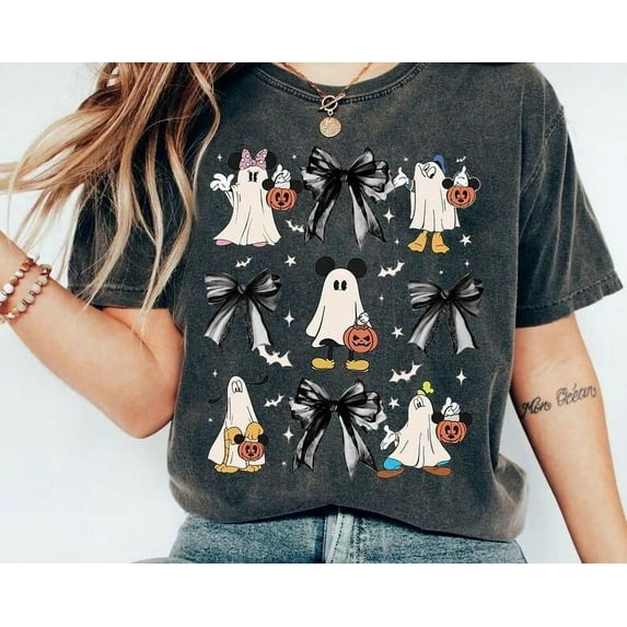 Mickey & Friends Ghost Coquette Bow Halloween Comfort Colors T-Shirt, Disney Mickey's Not So Scary Party Tee, Disneyland Family Spooky Season 2024 Trip