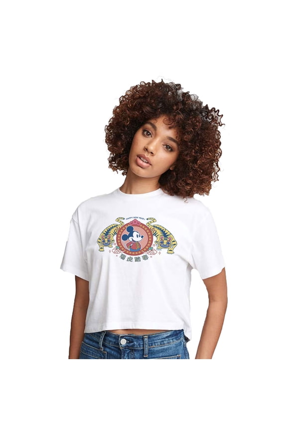 Mickey & Friends - Happy New Year Tiger Badge - Juniors Cropped Cotton Blend T-Shirt