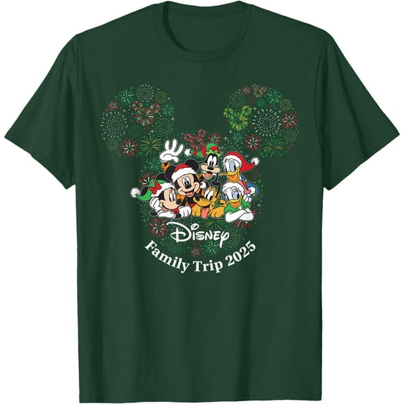 Mickey & Friends Holiday Fireworks Family Trip 2025 DTG Print Unisex T-Shirt,Forest Green Color,Size 5XL
