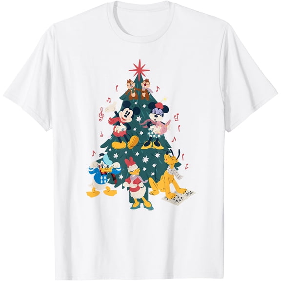 Mickey & Friends Holiday Retro Christmas Tree Carols DTG Print Unisex T-Shirt,White Color,Size M