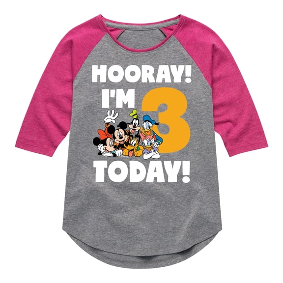 Mickey & Friends - Hooray I'm 3 Today - Toddler And Youth Girls Raglan Graphic T-Shirt