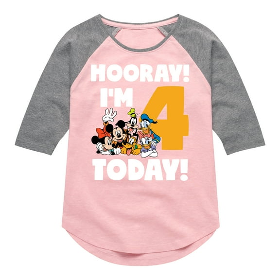 Mickey & Friends - Hooray I'm 4 Today - Toddler And Youth Girls Raglan Graphic T-Shirt