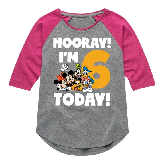 Mickey & Friends - Hooray I'm 6 Today - Toddler And Youth Girls Raglan Graphic T-Shirt
