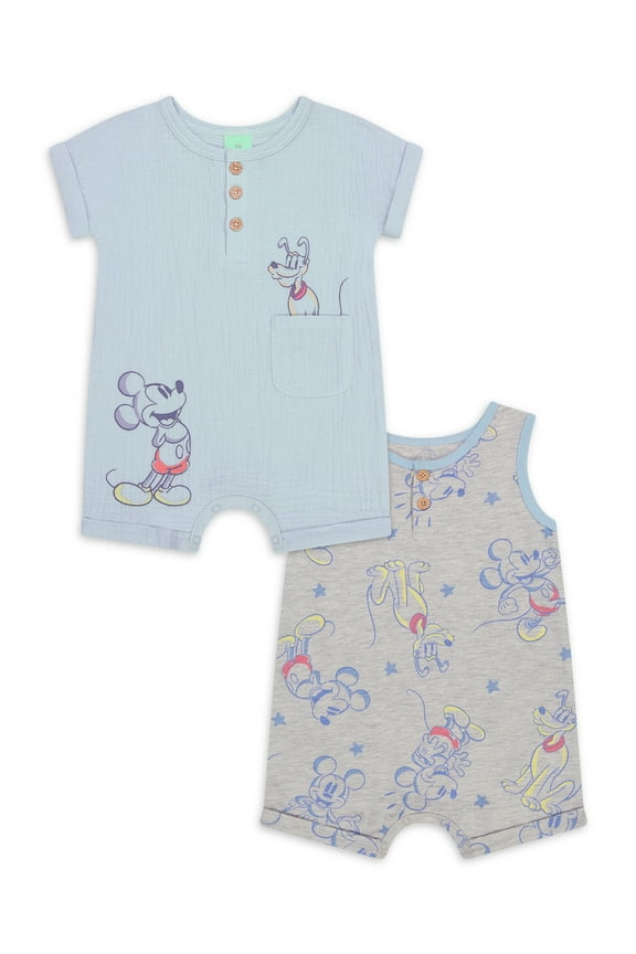 Mickey & Friends Infant Boys Short Sleeve and Sleeveless Rompers Set, 2-Piece, Sizes 0/3M-24M
