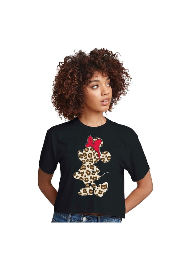 Mickey & Friends - Leopard Print Minnie Mouse - Juniors Cropped Cotton Blend T-Shirt