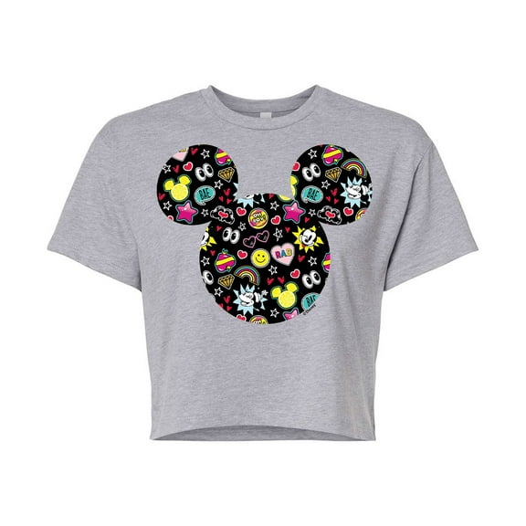 Mickey & Friends - Mickey And Minnie Doodles - Juniors Cropped Cotton Blend T-Shirt