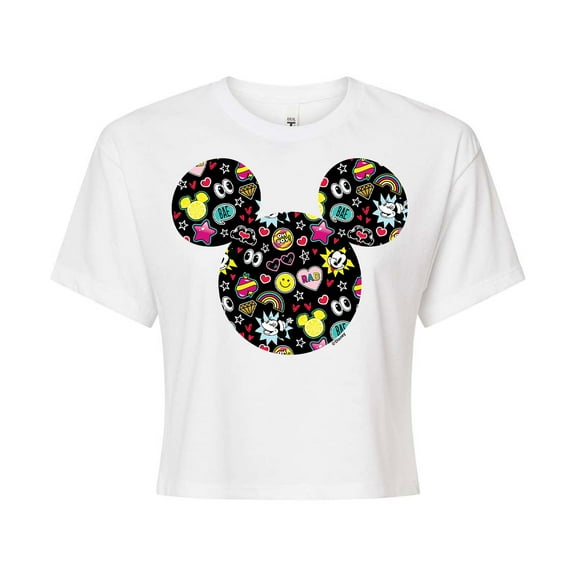 Mickey & Friends - Mickey And Minnie Doodles - Juniors Cropped Cotton Blend T-Shirt