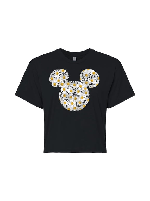 Mickey & Friends - Mickey Head Daisies - Juniors Cropped Cotton Blend T-Shirt