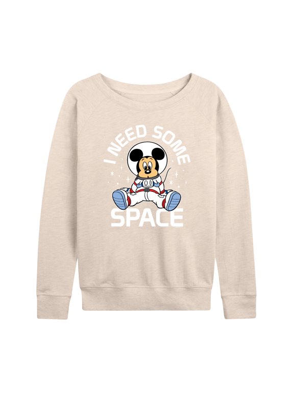 - Mickey I Need Some Space Women's Lightweight French Terry Wide Neck Long Sleeve Graphic Shirt