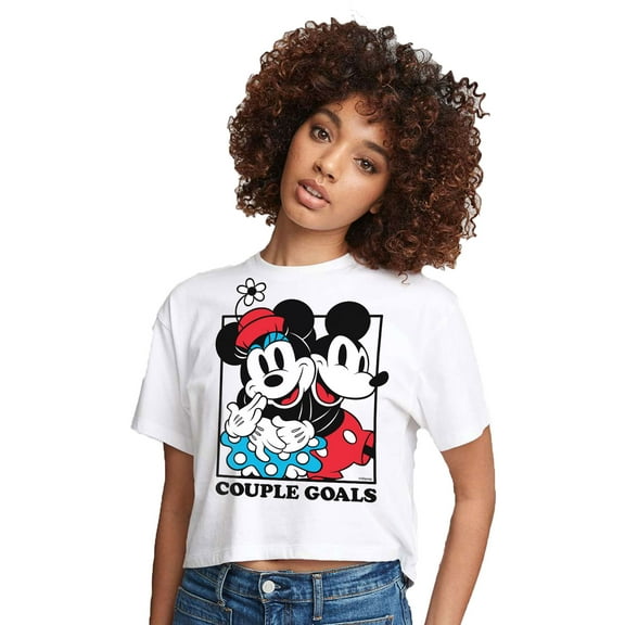 Mickey & Friends - Mickey Minnie Couple Goals - Juniors Cropped Cotton Blend T-Shirt