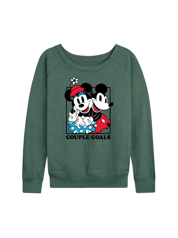- Mickey Minnie Couple Goals Women's Lightweight French Terry Wide Neck Long Sleeve Graphic Shirt