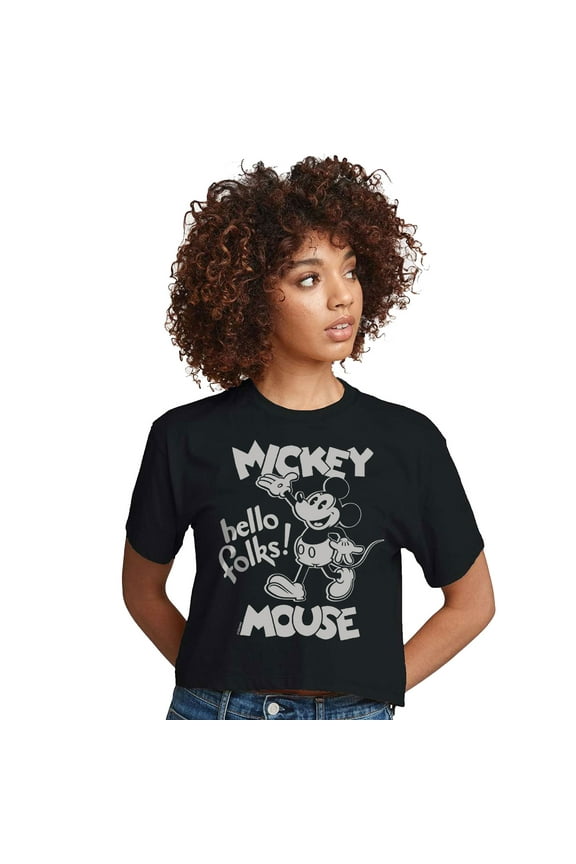 - Mickey Mouse Hello Folks - Juniors Cropped Cotton Blend T-Shirt