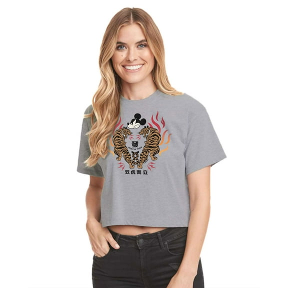 Mickey & Friends - Mickey Tiger Art - Juniors Cropped Cotton Blend T-Shirt