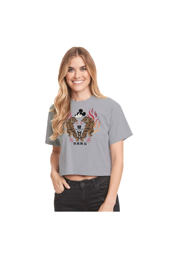 Mickey & Friends - Mickey Tiger Art - Juniors Cropped Cotton Blend T-Shirt