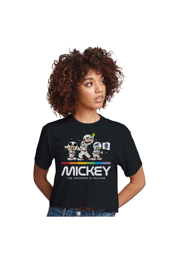 Mickey & Friends - Mickey Universe Calling - Juniors Cropped Cotton Blend T-Shirt