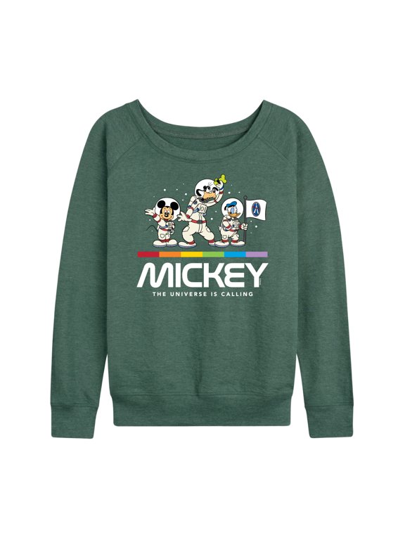 - Mickey Universe Calling Women's Lightweight French Terry Wide Neck Long Sleeve Graphic Shirt