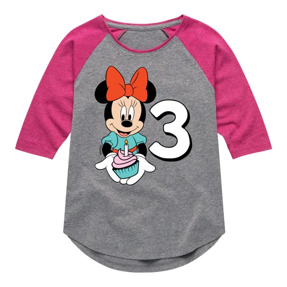 Mickey & Friends - Minnie Birthday 3 - Toddler And Youth Girls Raglan Graphic T-Shirt