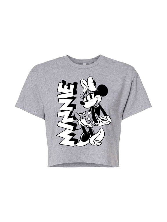 Mickey & Friends - Minnie Black And White - Juniors Cropped Cotton Blend T-Shirt