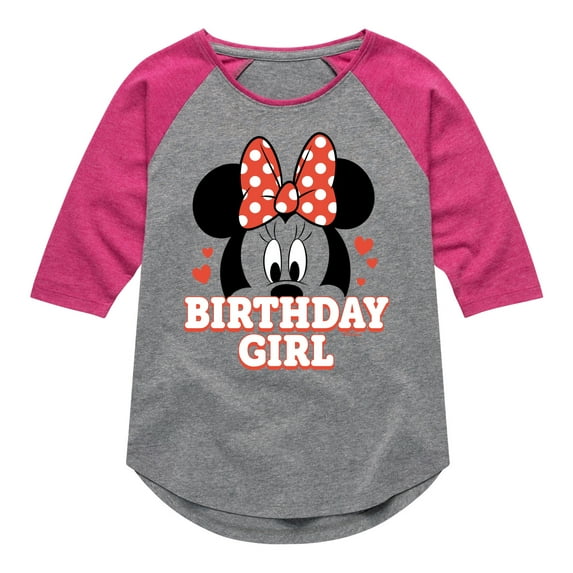 Mickey & Friends - Minnie Face Birthday Girl - Toddler And Youth Girls Raglan Graphic T-Shirt