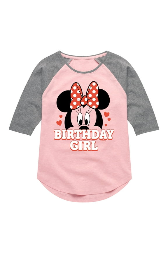 Mickey & Friends - Minnie Face Birthday Girl - Toddler And Youth Girls Raglan Graphic T-Shirt