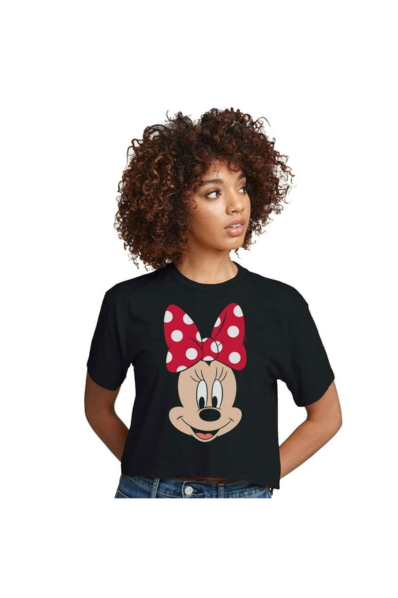 Mickey & Friends - Minnie Face - Juniors Cropped Cotton Blend T-Shirt