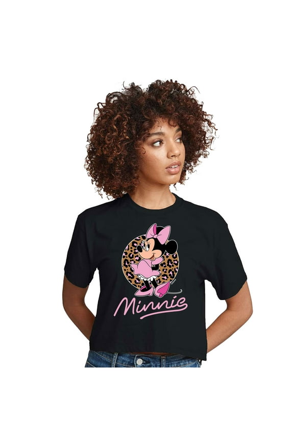 Mickey & Friends - Minnie Leopard Print - Juniors Cropped Cotton Blend T-Shirt
