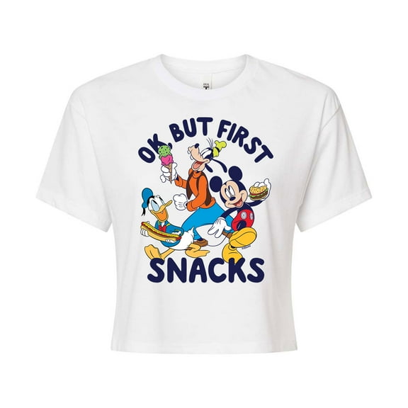 Mickey & Friends - Ok, But First Snacks - Juniors Cropped Cotton Blend T-Shirt