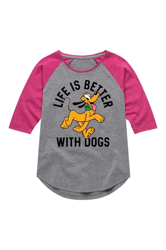 Mickey & Friends - Pluto Life Is Better With Dogs - Toddler And Youth Girls Raglan Graphic T-Shirt