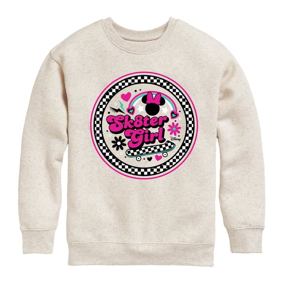 Disney - Mickey & Friends - Skater Girl - Retro Style - Checkered Circle - Toddler And Youth Crewneck Fleece Sweatshirt