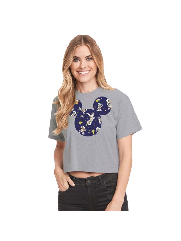 Mickey & Friends - Space Pattern - Juniors Cropped Cotton Blend T-Shirt