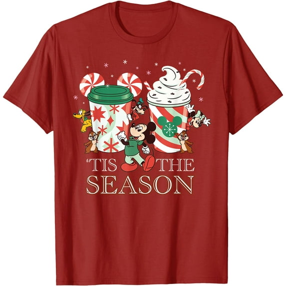 Mickey & Friends 'Tis The Season Christmas Holiday Drink DTG Print Unisex T-Shirt,Cardinal Red Color,Size M