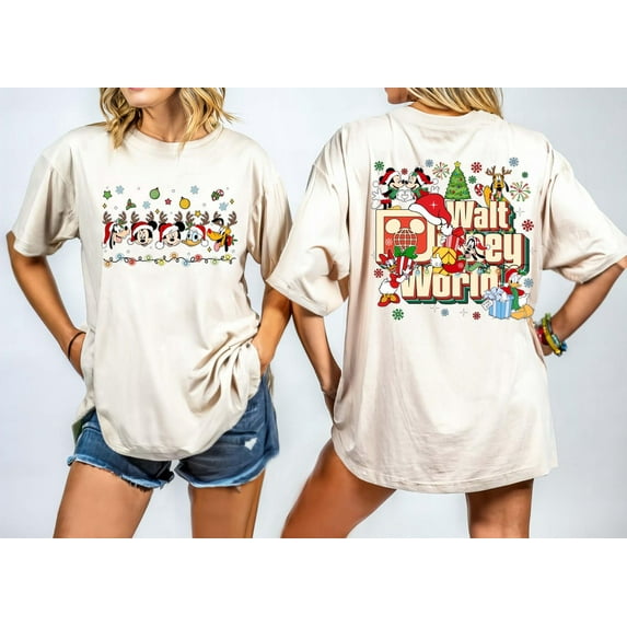 Mickey And Friends Walt Disney World Christmas Printed 2 Sides Shirt, Holiday Family Matching Tee ,Winter Disneyland Trip T-shirt,Natural Color,Size 2XL