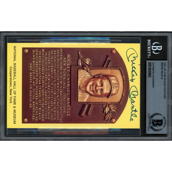 Mickey Mantle Autographed Hall of Fame Plaque Postcard New York Yankees Beckett BAS #18630862