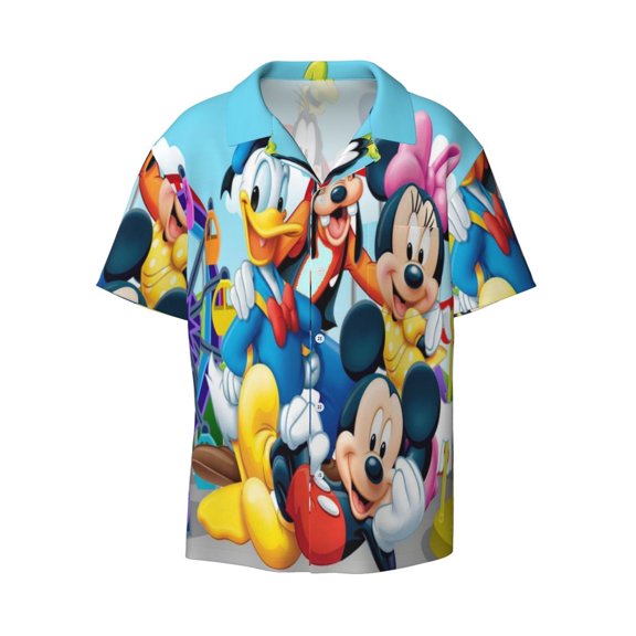 Mickey Men's Cuban Shirts Casual Button Down Short Sleeve Dress Shirt Summer Beach Hawaiian Shirts XX-Large