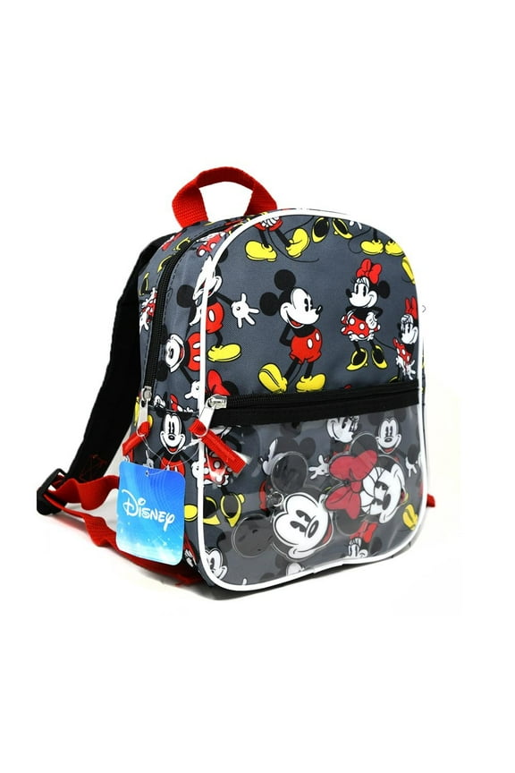 Mickey & Minnie 10" Mini Backpack with 2 Head Shaped zipper Clip Dangles in the Front PVC pocket