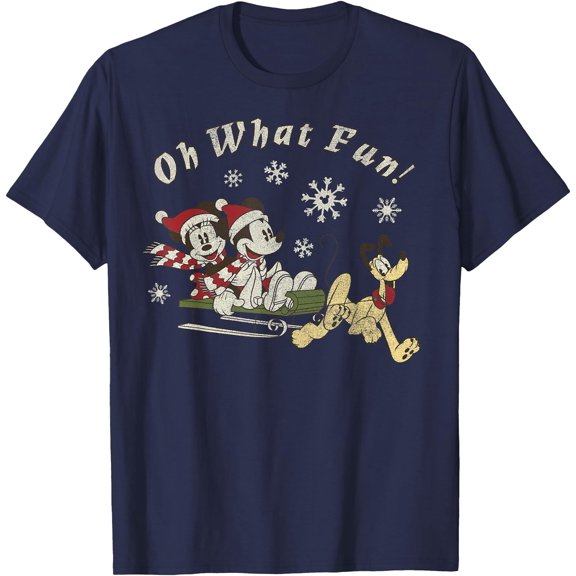 Mickey Minnie And Pluto Oh What Fun Christmas Sled DTG Print Unisex T-Shirt,Navy Color,Size 4T