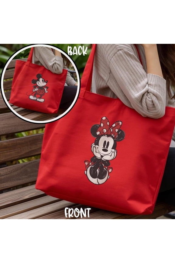 Mickey Minnie Double Sided Zippered Tote Bag, Disney Front Back Design Tote, Cartoon Chara