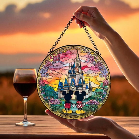 Mickey Minnie Glass Suncatcher v3, Romantic Couple Window Art, Disney Anniversary, 6.3 in