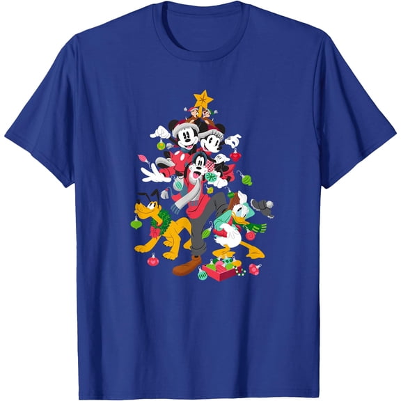 Mickey Minnie Goofy Pluto Chip Dale Christmas Tree DTG Print Unisex T-Shirt,Royal Blue Color,Size M