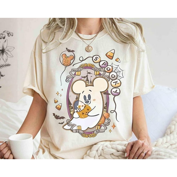 Mickey Minnie Halloween Matching Couple T-Shirt, Mickey Mouse Ghost Shirt, Coquette Mickey Ghost Shirts, Spooky Season Trip,Sand Color,Size M