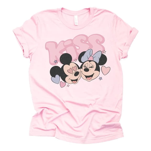 Mickey Minnie Kiss Valentine Graphic Design Casual Short Sleeve Shirt (Light Pink-Medium)
