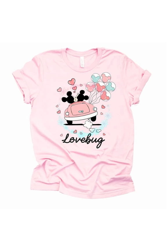 Mickey Minnie Love Bug Valentine Graphic Design Casual Short Sleeve Shirt (Light Pink-2X Large)
