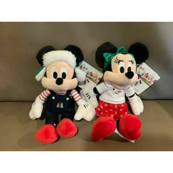 Mickey & Minnie Mouse 8" Disney Holiday Christmas Set Plush Mini Bean Bag New