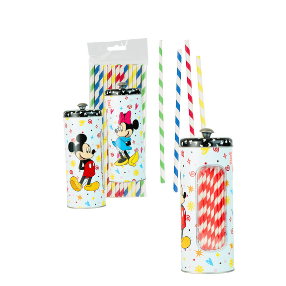 Mickey & Minnie Mouse Black & White Straw Holder Fun with Bonus Straws One Pack  Compact Size 8.25 H