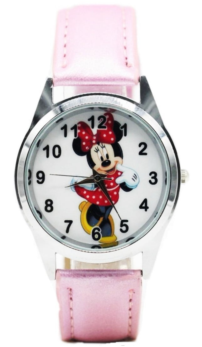 Mickey Minnie Mouse Character Pink Leather Band Wrist Watch