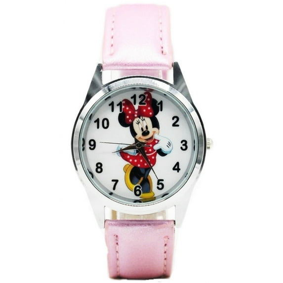 Mickey & Minnie Mouse Character Pink Leather Band Wrist Watch