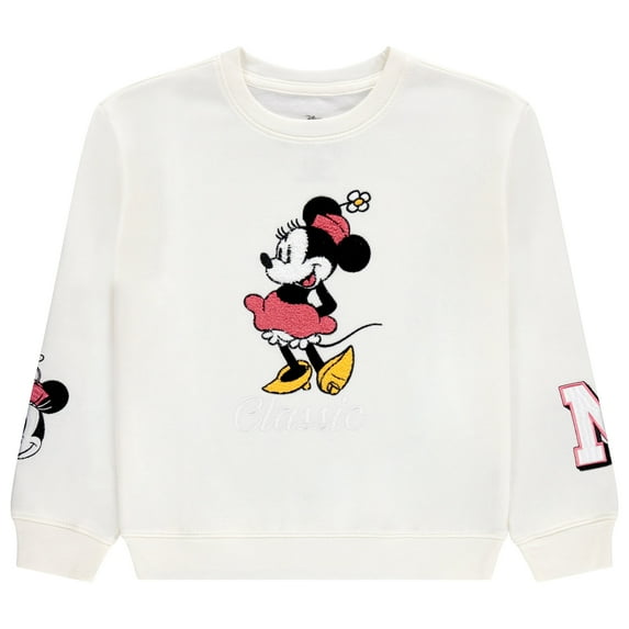 Mickey & Minnie Mouse Girls Sweatshirt -Jumbo Print, Chenille Patch & Embroidery Minnie Mouse Pullover- Sizes 4-16 Winter White