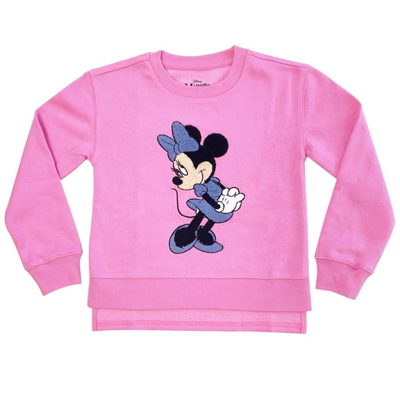 Mickey & Minnie Mouse Girls Sweatshirt -Jumbo Print, Chenille Patch & Embroidery Minnie Mouse Pullover- Sizes 4-16
