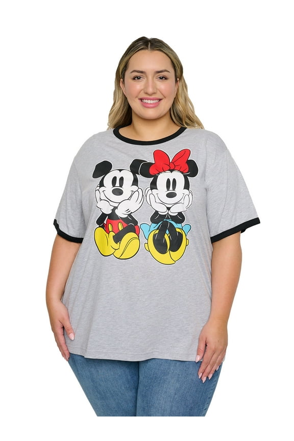 Mickey and Minnie Mouse Women's Plus Size Ringer T-Shirt, Gray