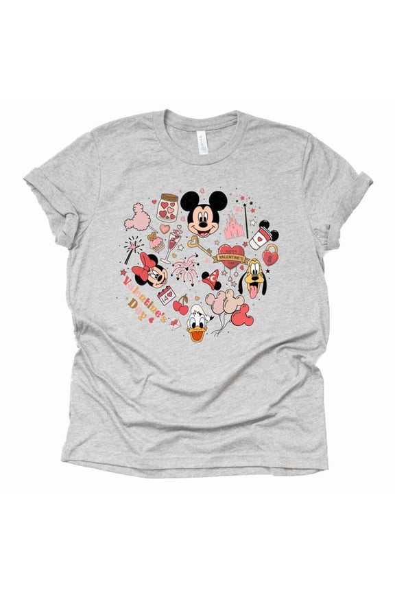 Mickey Minnie Valentine Graphic Design Casual Short Sleeve Shirt (Gray-Large)